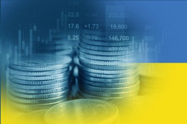 Borsa finansmanlı Ukrayna bayrağı, ekonomi grafiği dijital teknolojisi.