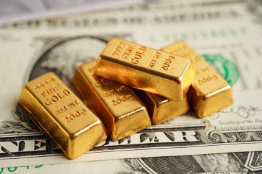 ABD doları banknot parası ve finansman yatırımları ticari para birimi kavramı üzerine altın külçeler. 