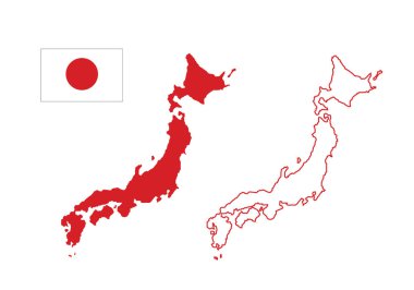 Japonya ülke haritası ve bayrağı, vektör illüstrasyonu. 