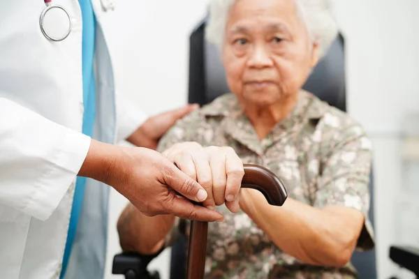 Doctor Help Asian Elderly Disability Woman Patient Holding Walking Stick — Stock Photo, Image