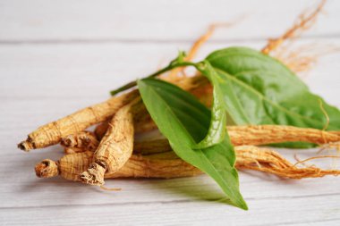 Ginseng kökleri ve yeşil yaprak, sağlıklı yiyecekler..