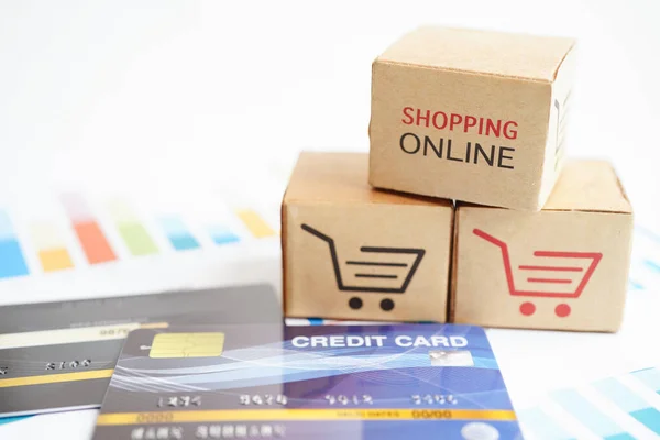 Compras Online Caixa Carrinho Compras Com Cartão Crédito Exportação Importação — Fotografia de Stock