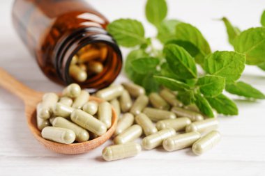 Alternatif ilaç bitkisel organik kapsül E omega 3 vitamini balık yağı, mineral, bitki yapraklı ilaç sağlıklı yaşam için doğal destek.