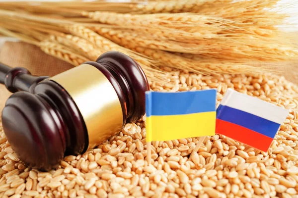 Ukraine and Russia flag on grain wheat, trade export and economy concept.