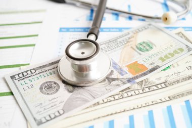 Çizelge ya da grafik kağıdı, Finansal, hesap, istatistik ve iş verileri medikal sağlık kavramı üzerine steteskop ve ABD doları banknotları.
