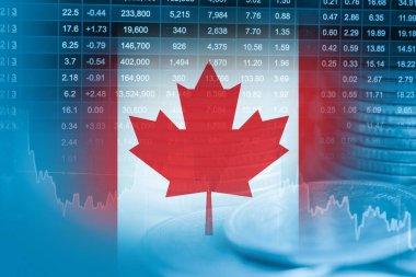 Kanada bayrağı ile borsa finansmanı, ekonomi eğilimi grafik dijital teknolojisi.