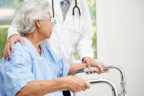 Doctor Help Asian Elderly Woman Disability Patient Walk Walker Nursing — Stock Photo, Image