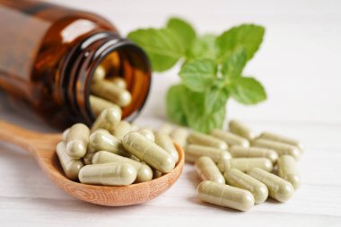 Alternatif ilaç bitkisel organik kapsül E omega 3 vitamini balık yağı, mineral, bitki yapraklı ilaç sağlıklı yaşam için doğal destek