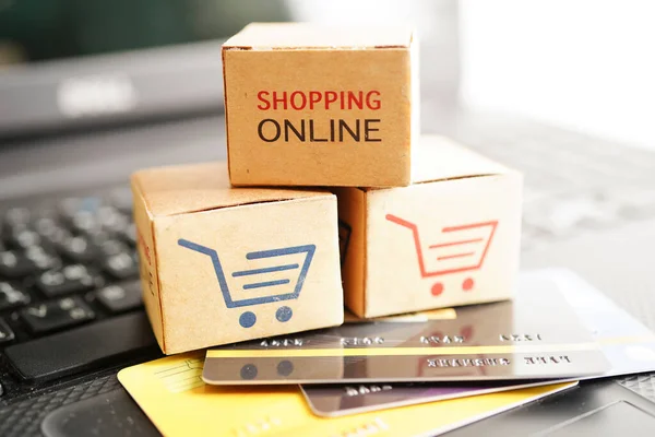 Online Shopping Shopping Cart Box Credit Card Import Export Finance — Zdjęcie stockowe