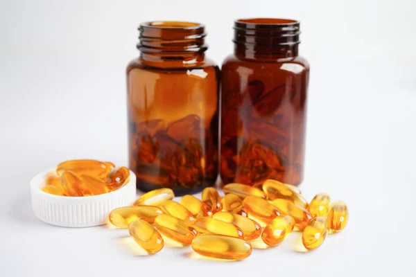 stock image Fish oil or Cod liver oil gel in capsules with omega 3 vitamins, supplementary healthy food