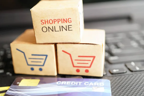 Compras Online Caixa Carrinho Compras Com Cartão Crédito Exportação Importação — Fotografia de Stock