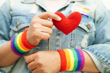Gökkuşağı bayrağıyla kırmızı kalp taşıyan Asyalı kadın, Haziran 'da LGBT sembol hakları ve cinsiyet eşitliği, LGBT Onur Ayı.