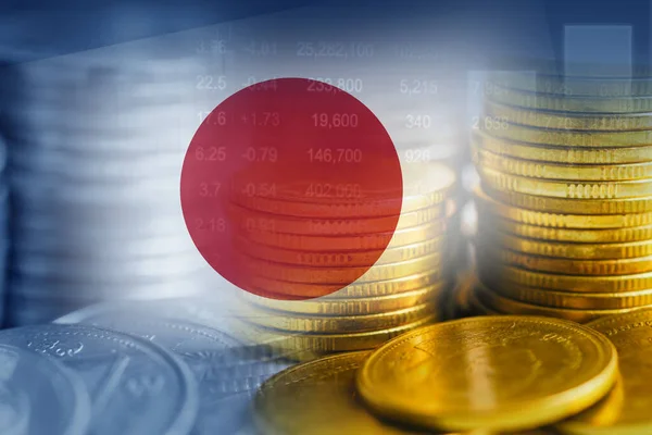 stock image Japan flag with stock market finance, economy trend graph digital technology.