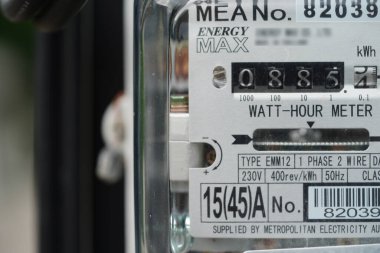 Bangkok, Thailand - May 15, 2022 Electric measuring power meter for energy cost at home and office.