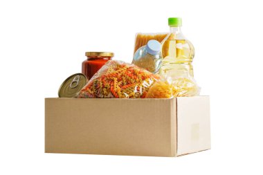 Gönüllülere yardım etmek için bağış kutusundaki yiyecekler..