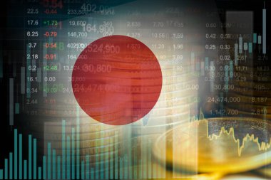 Borsa finansmanlı Japonya bayrağı, ekonomi grafiği dijital teknolojisi.