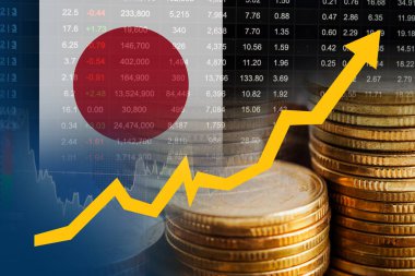 Borsa finansmanlı Japonya bayrağı, ekonomi grafiği dijital teknolojisi.