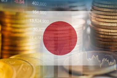 Borsa finansmanlı Japonya bayrağı, ekonomi grafiği dijital teknolojisi.