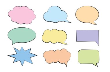 Çağrı seti, konuşma baloncukları, sohbetler, ögeler simgeleri, vektör illüstrasyonu.