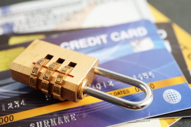 Credit card with password key lock, security finance business concept.