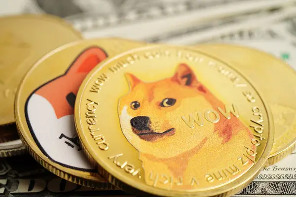 Goldener Bitcoin Auf Dollar Banknoten Geld Für Unternehmen Und Gewerbe — Stockfoto