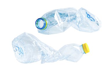 Beyaz arka planda izole edilmiş plastik su şişesi, yeniden kullanım, geri dönüşüm, kirlilik, çevre, ekoloji, atık kavramı. 