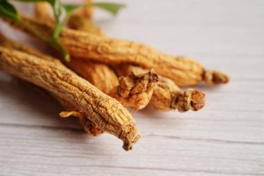 Ginseng kökleri ve yeşil yaprak, organik doğa sağlıklı yiyecekler..