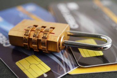 Credit card with password key lock, security finance business concept.