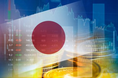 Borsa finansmanlı Japonya bayrağı, ekonomi grafiği dijital teknolojisi.