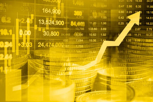 Stock market finance business, gold color economy trend graph digital technology.