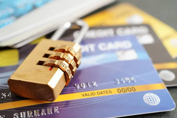 Credit card with password key lock, security finance business concept.