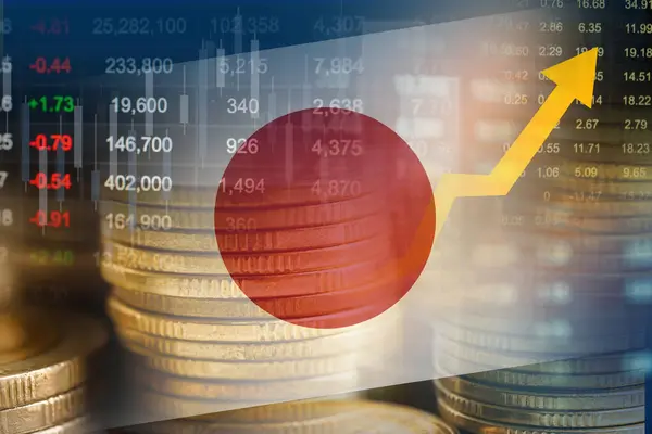 Japán Zászló Tőzsdei Finanszírozással Gazdasági Trend Grafikon Digitális Technológia — Stock Fotó