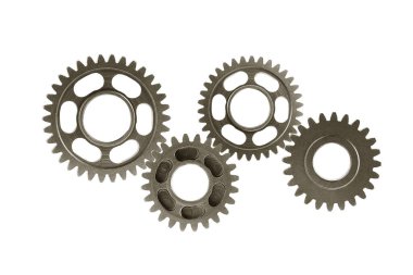 Metal teçhizat motor arabası ve bisiklet için beyaz arka planda izole edildi, takım çalışması iş konsepti.