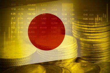 Borsa finansmanlı Japonya bayrağı, ekonomi grafiği dijital teknolojisi.