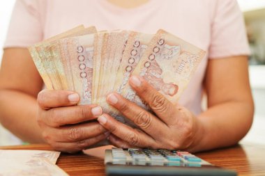 Tayland baht banknotlarını sayan Asyalı bir kadın, elinde para, yatırım ekonomisi, muhasebe ve bankacılık.