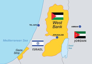 Batı Şeria ve Gazze Şeridi bölge haritası. Akdeniz 'in doğu kıyısındaki Filistin Eklavı, vektör illüstrasyonu. 
