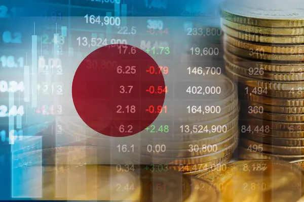Borsa finansmanlı Japonya bayrağı, ekonomi grafiği dijital teknolojisi.