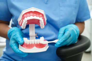 Diş fırçasıyla dişleri temizleyen doktor hasta ve dişçiye diş hekimliği dersi veriyor..