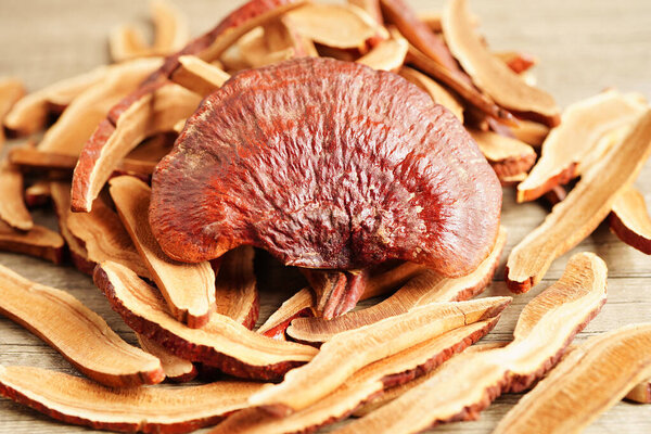 Lingzhi or Reishi mushroom with capsules, organic natural healthy food.