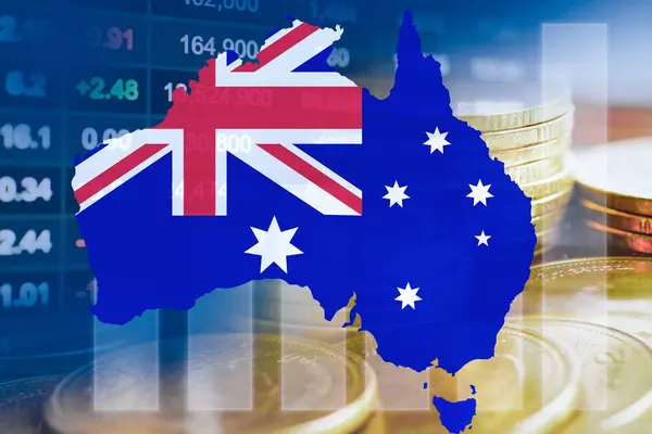 Australia flag and map with stock market finance, economy trend graph digital technology.