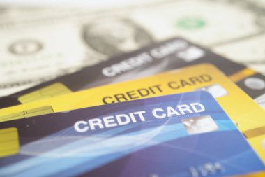 Şifreli kredi kartı ve Amerikan doları banknot parası, güvenlik finans sektörü konsepti.