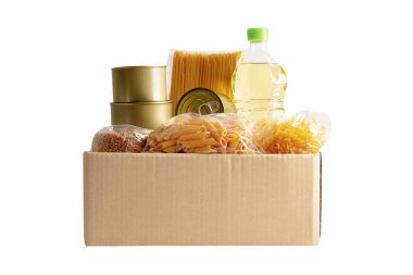 Gönüllülere yardım etmek için bağış kutusundaki yiyecekler..