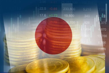 Borsa finansmanlı Japonya bayrağı, ekonomi grafiği dijital teknolojisi.