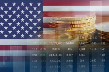 ABD bayrağı ile borsa finansmanı, ekonomi grafiği dijital teknolojisi.