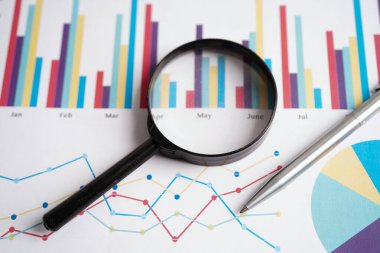 Grafik kağıdındaki büyüteç. Mali kalkınma, Bankacılık Hesabı, İstatistikler, Yatırım Analitik Araştırma Veri Ekonomisi