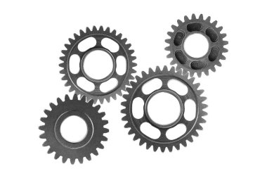 Metal teçhizat motor arabası ve bisiklet için beyaz arka planda izole edildi, takım çalışması iş konsepti.