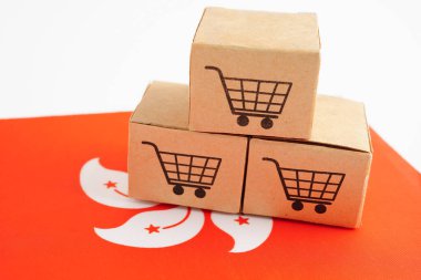 Çevrimiçi alışveriş, Hong Kong bayrağında alışveriş arabası kutusu, ithalat ihracat, finans ticareti.