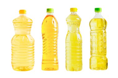 Sebze yağı şişesi beyaz arka planda izole edilmiş, organik sağlıklı yemekler pişirmek için..