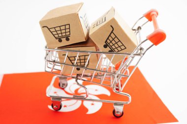 Çevrimiçi alışveriş, Hong Kong bayrağında alışveriş arabası kutusu, ithalat ihracat, finans ticareti.