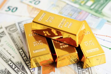 ABD doları ve Euro banknotu parasıyla altın külçeleri yatırım ticareti para birimi kavramını finanse ediyor. 